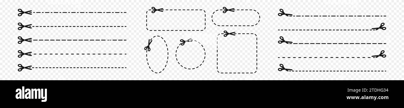 Set von Symbolen zum Ausschneiden hier. Scherenpiktogramme mit gestrichelten Linien und quadratischen, runden, ovalen, rechteckigen Rahmen, die auf transparentem Hintergrund isoliert sind. Erntegut-, Streifen- oder Trennschilder. Vektorgrafik Stock Vektor