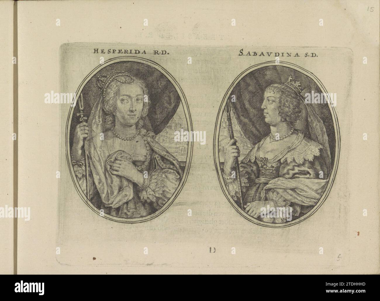 Porträts der Königin von Dänemark und Maria de Nemours, Herzogin von Savoye, beide als Hirte, 1640 zwei Auftritte in einem Album-Magazin. Links das Porträt der Königin von Dänemark als Hesperida R.D. rechts das Porträt von Maria de Nemours, Herzogin von Savoye, als Sabaudina S.D. beide Frauen haben einen Hirtenstab in der Hand. Ein Stadtbild im Hintergrund beider Darstellungen. Unten nummeriert: D und 4. Das Magazin ist Teil eines Albums. Amsterdamer Papier mit zwei Aufführungen in einem Album-Magazin. Links das Porträt der Königin von Dänemark als Hesperida R.D. rechts Stockfoto