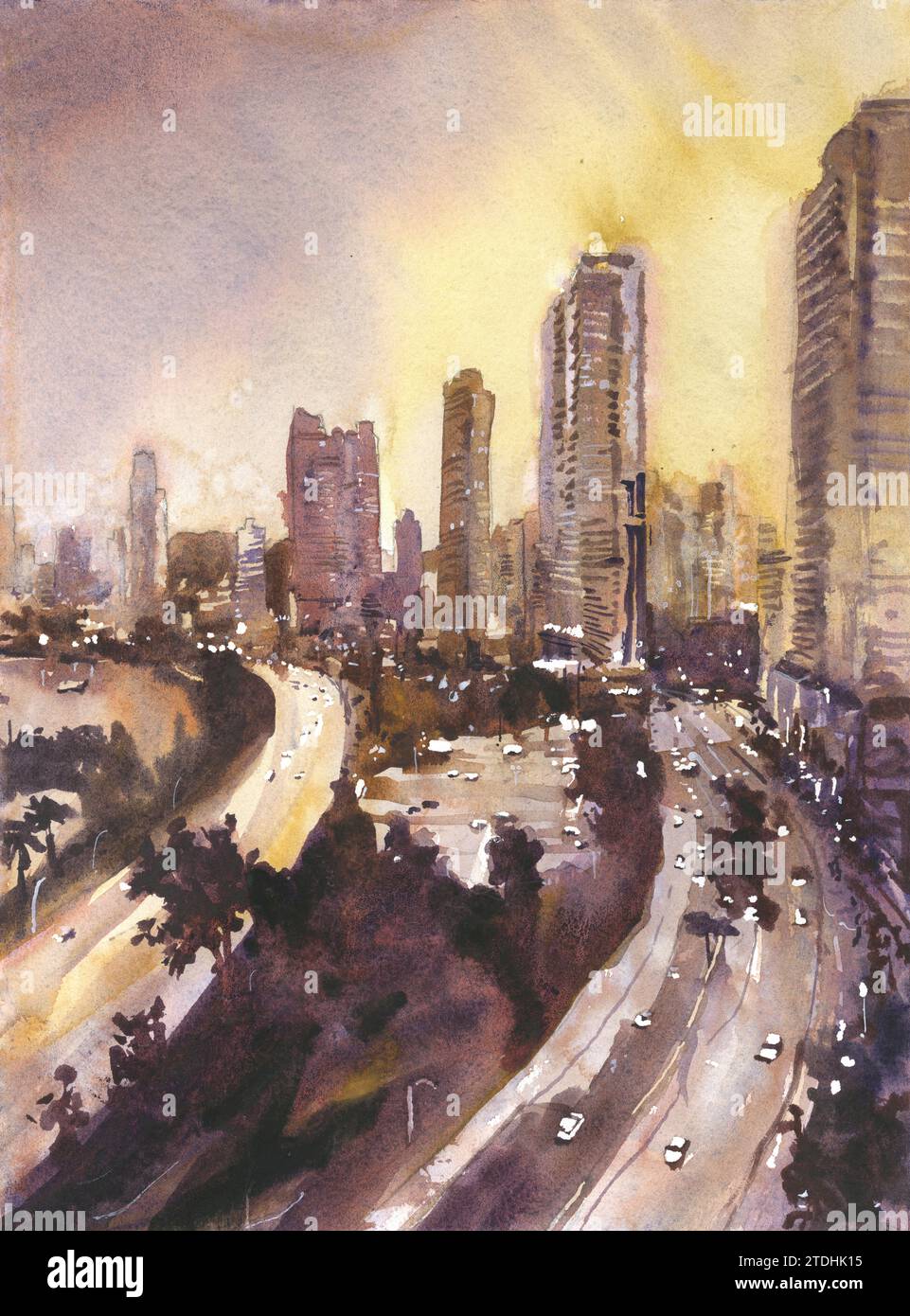 Skyline Aquarellgemälde Panama-Stadt bunte Wandkunst, handgefertigte Artikel Reiseposter giclee (Druck) Stockfoto