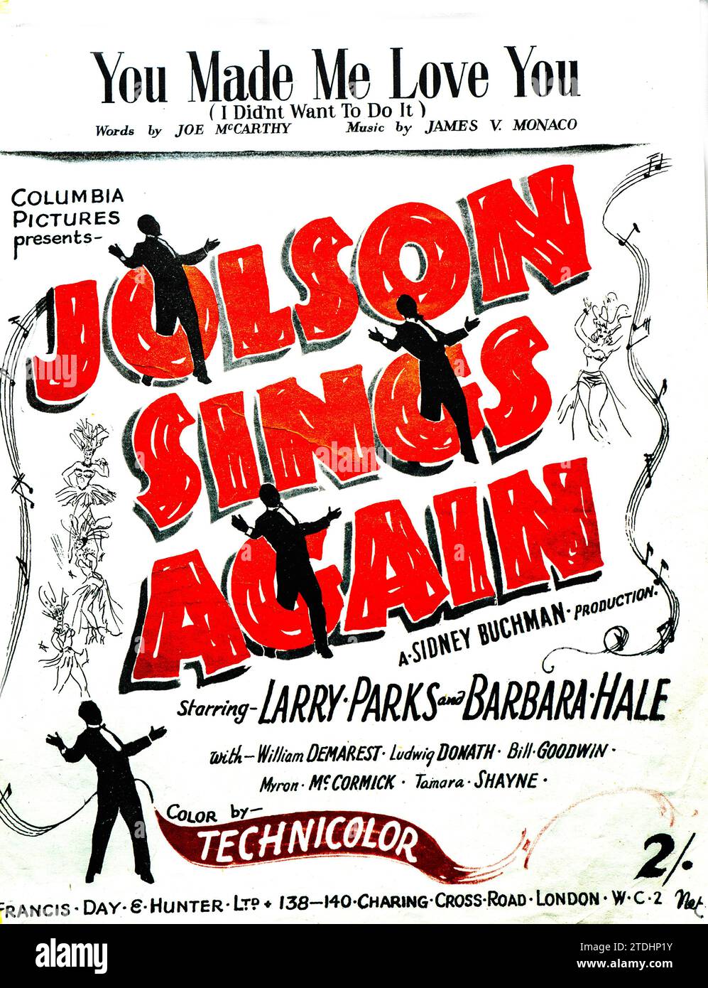 Vintage 1940er Jahre Filmmusik Cover von „Jolson Sings Again“ A Columbia Picture mit Larry Parks und Barbara Hale. Stockfoto