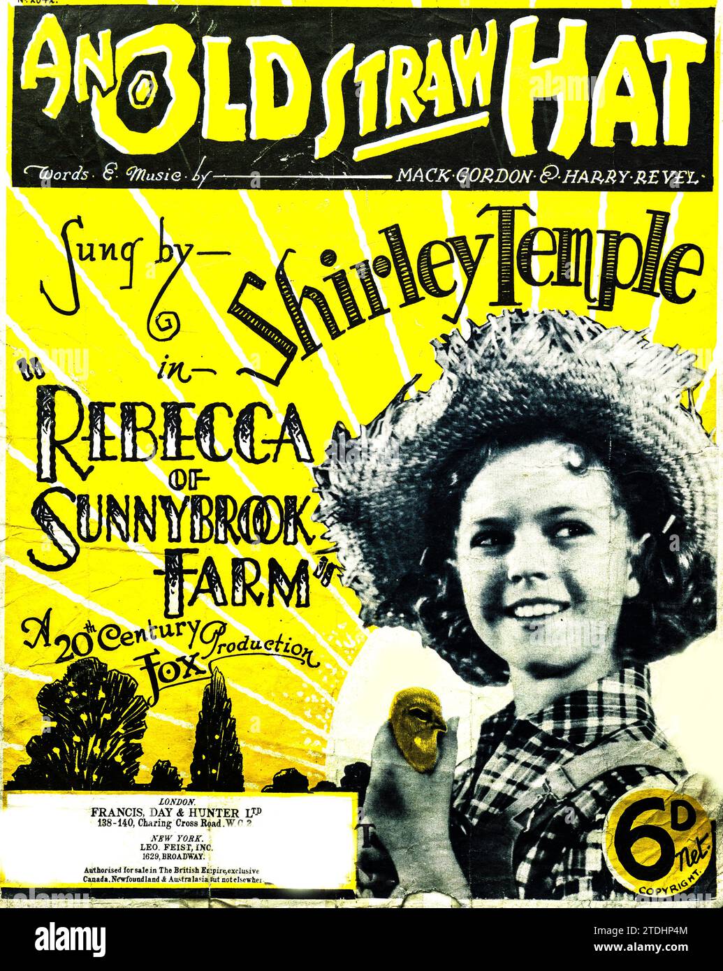 Vintage-Cover aus den 1930er Jahren für „an Old Straw hat“, gesungen von Shirley Temple aus dem Film Rebecca of Sunnybrook Farm. Stockfoto