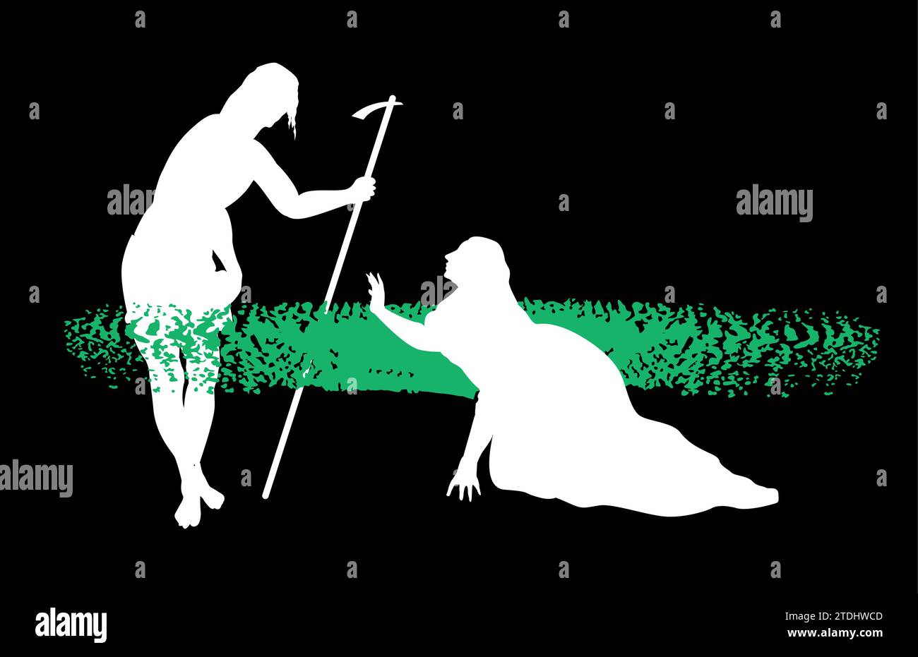 T-Shirt-Design zweier Silhouetten einer knienden Frau und eines stehenden Mannes. Illustration des Gemäldes Noli Me Tangere von Tizian. Stock Vektor