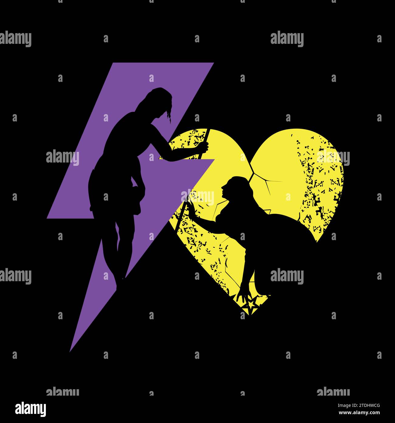 Silhouetten von stehendem Mann und kniender Frau mit Blitz- und Herzsymbolen. Illustration des Gemäldes Noli Me Tangere von Tizian. Stock Vektor