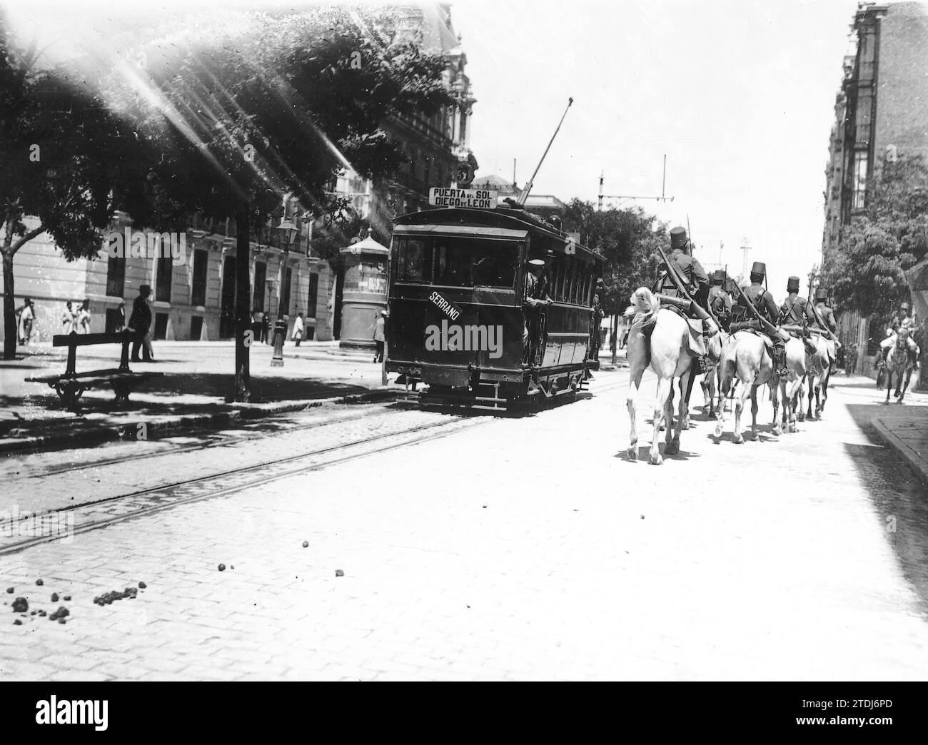 01/01/1906. Madrid: Generalstreik wegen der Ereignisse im Modellgefängnis. Straßenbahnen. Quelle: Album/Archivo ABC Stockfoto