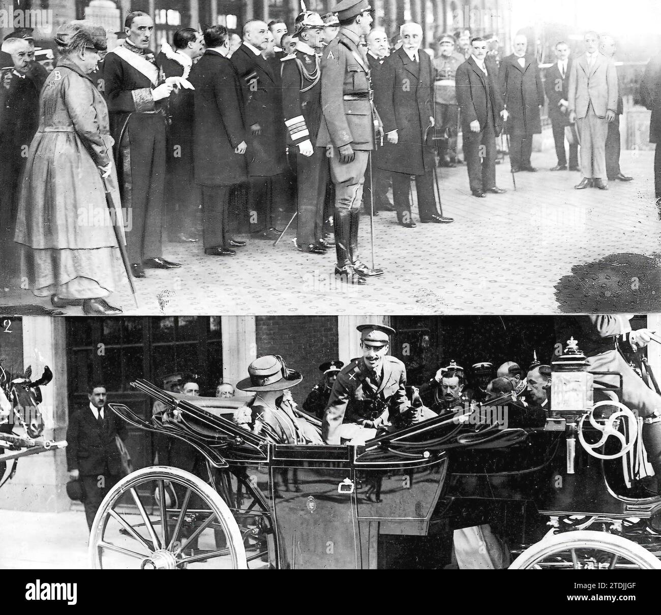 09/25/1921. Die Königin in Madrid. 1. Seine Majestät der König (A) und HRH die Infantin Doña Isabel (B), mit der gesamten Regierung, auf den Bahnsteigen des Nordbahnhofs, kurz vor D der Ankunft des königlichen Zuges 2. Ss. Mm. Könige D. Alfonso und Doña Victoria (X), wenn sie den Bahnhof verlassen. Quelle: Album / Archivo ABC / Julio Duque Stockfoto