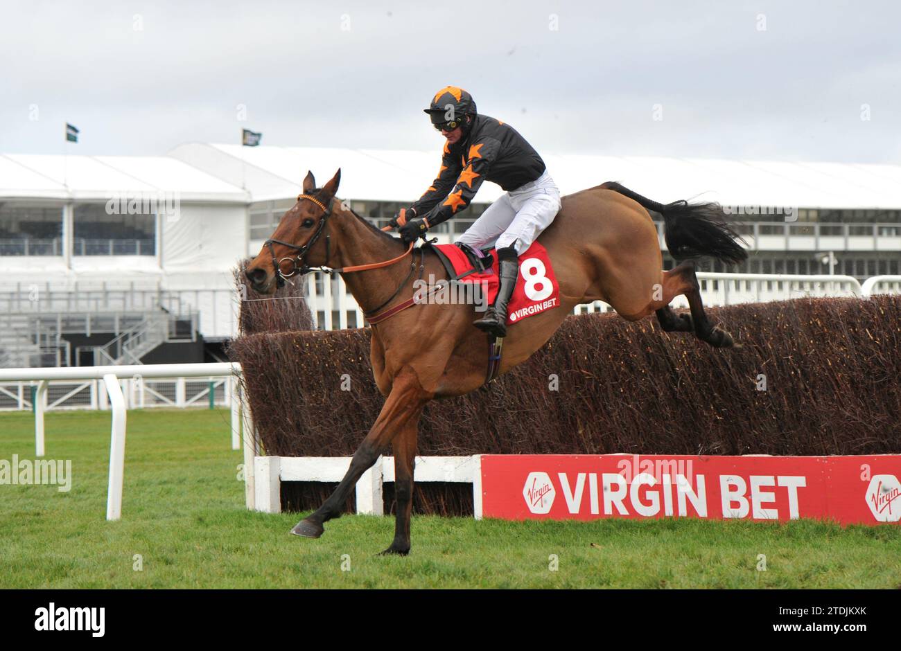 Rennen am Cheltenham Tag 2 des Christmas Meet Race 4 The Virgin Bet December Gold Cup Handicap Chase Do Your Job Reiten von Derek Fox springt ins Rennen Stockfoto