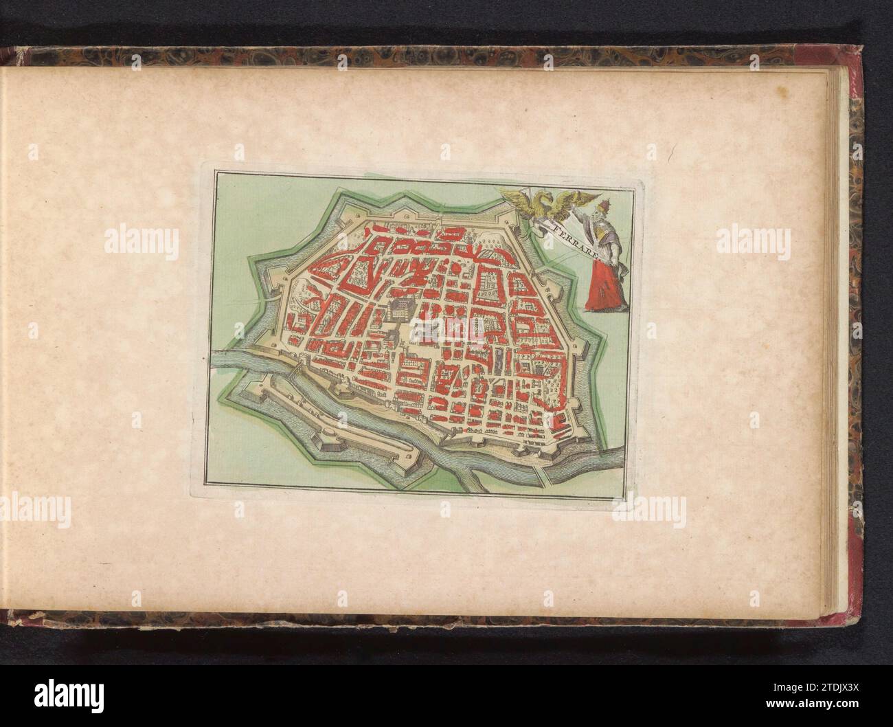 Karte von Ferrara, Anonym, 1735 Karte der Stadt Ferrara. Oben rechts versucht der Papst, den österreichischen Adler mit einem Hausschuh zu jagen. Teil eines atlas mit 223 Karten von Ländern und Städten und Kriegsszenen in Europa in der Zeit ca. 1690-1735. Druckerei: Nord-Niederlande Spublisher: Amsterdam Papier Radierung / Gravur / Lackierung Ferrara (Stadt) Karte der Stadt Ferrara. Oben rechts versucht der Papst, den österreichischen Adler mit einem Hausschuh zu jagen. Teil eines atlas mit 223 Karten von Ländern und Städten und Kriegsszenen in Europa in der Zeit ca. 1690-1735. Druckerei: Nord-Niederlande Stockfoto