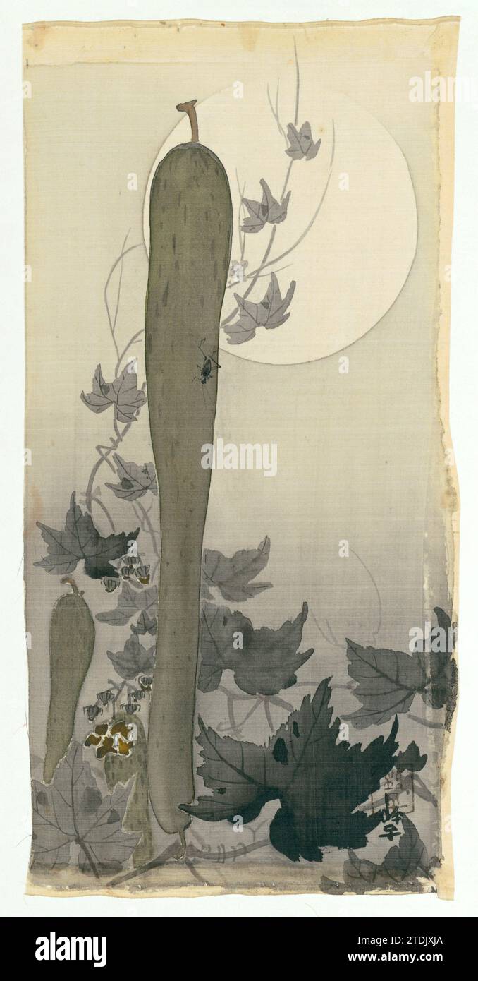 Wilde Gurke mit Vollmond, Ohara Koson, 1887 - 1945 zwei Früchte der wilden Gurke mit ein paar Zweigen für einen Vollmond. Japan Malerei: Seidenpinsel zwei Früchte der wilden Gurke mit ein paar Zweigen für einen Vollmond. Japanische Malerei: Seidenpinsel Stockfoto