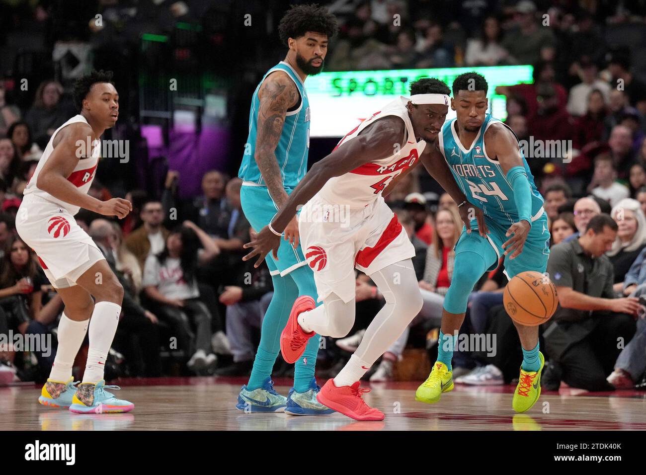 Toronto Raptors forward Pascal Siakam (43) and Charlotte Hornets forward Brandon Miller (24) vie for a loose ball during the second half of an NBA basketball game in Toronto, Monday, Dec. 18, 2023. (Nathan Denette/The Canadian Press via AP) Stockfoto