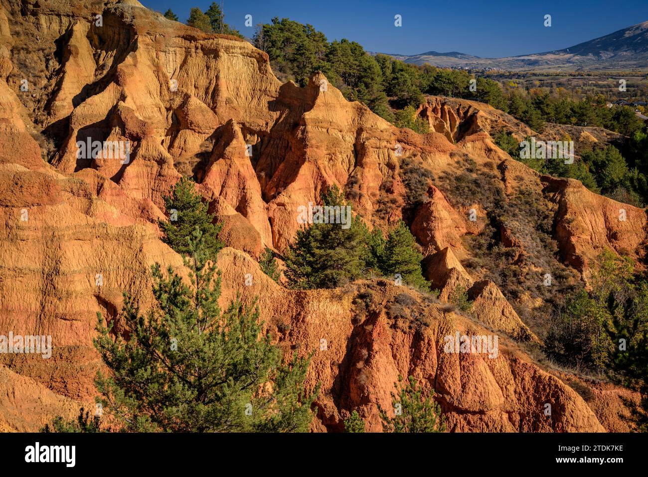 Esterregalls d'all (Badlands), eine geologische Formation, die durch Erosion in der Nähe des gesamten Dorfes (Cerdanya, Katalonien, Spanien, Pyrenäen) verursacht wurde Stockfoto