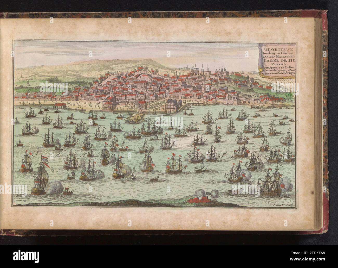 Ankunft der Hollands-englischen Flotte mit König Karl III. In Lissabon, 1704, Zacharias Chatelain (II), 1735 Ankunft der Hollands-englischen Flotte mit König Karl III. (Erzherzog Karl von Österreich) in Lissabon an Bord, 7. März 1704. Blick auf Lissabon mit den Schiffen der Flotte auf dem Fluss Tejo für die Stadt. Teil eines atlas mit 223 Karten von Ländern und Städten und Kriegsszenen in Europa in der Zeit ca. 1690-1735. Druckerei: Nord-Niederlande Spublisher: Amsterdam Papiergravur / Gravur / Lackierung Lissabon Ankunft der Hollands-englischen Flotte mit König Karl III. (Erzherzog Karl von Stockfoto