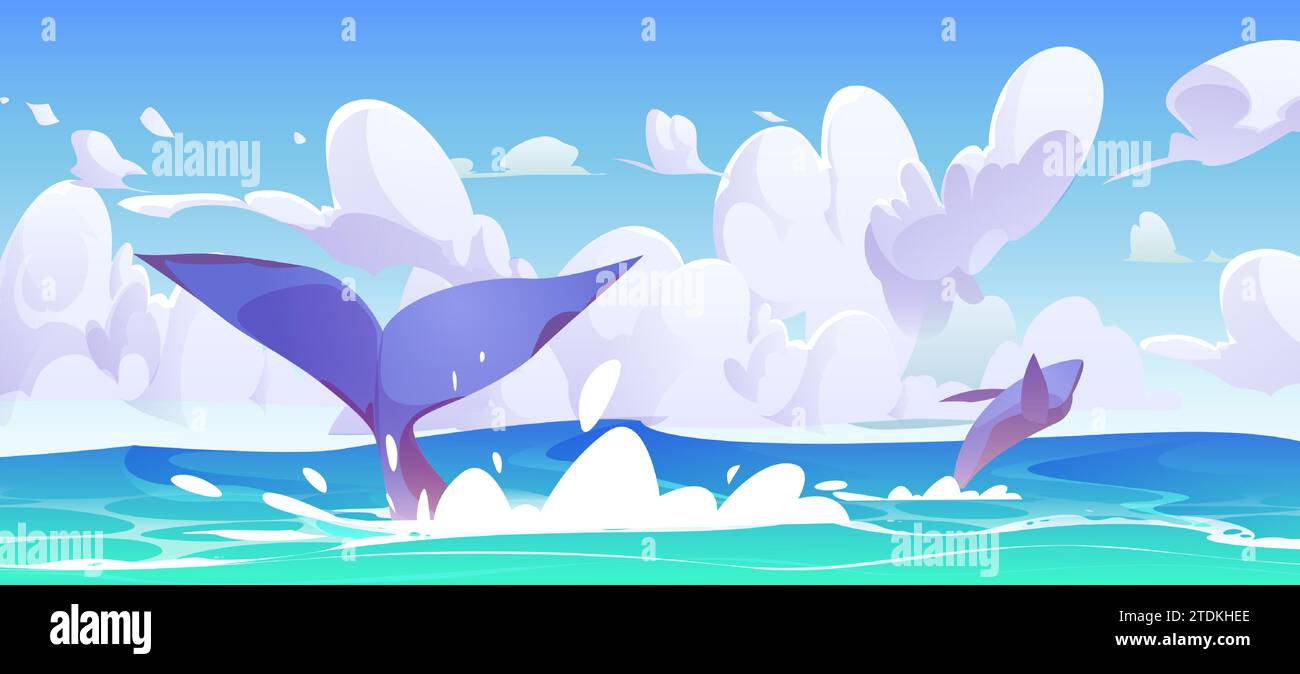 Zeichentrickfilme Meer- oder Meereslandschaft mit springenden Walen. Sonnige Tag Vektor Illustration mit Wal oder Orca Schwanz und Spritzer auf Wasser. Beobachtung und Erkundung großer Waltiere in ihrem natürlichen Lebensraum. Stock Vektor
