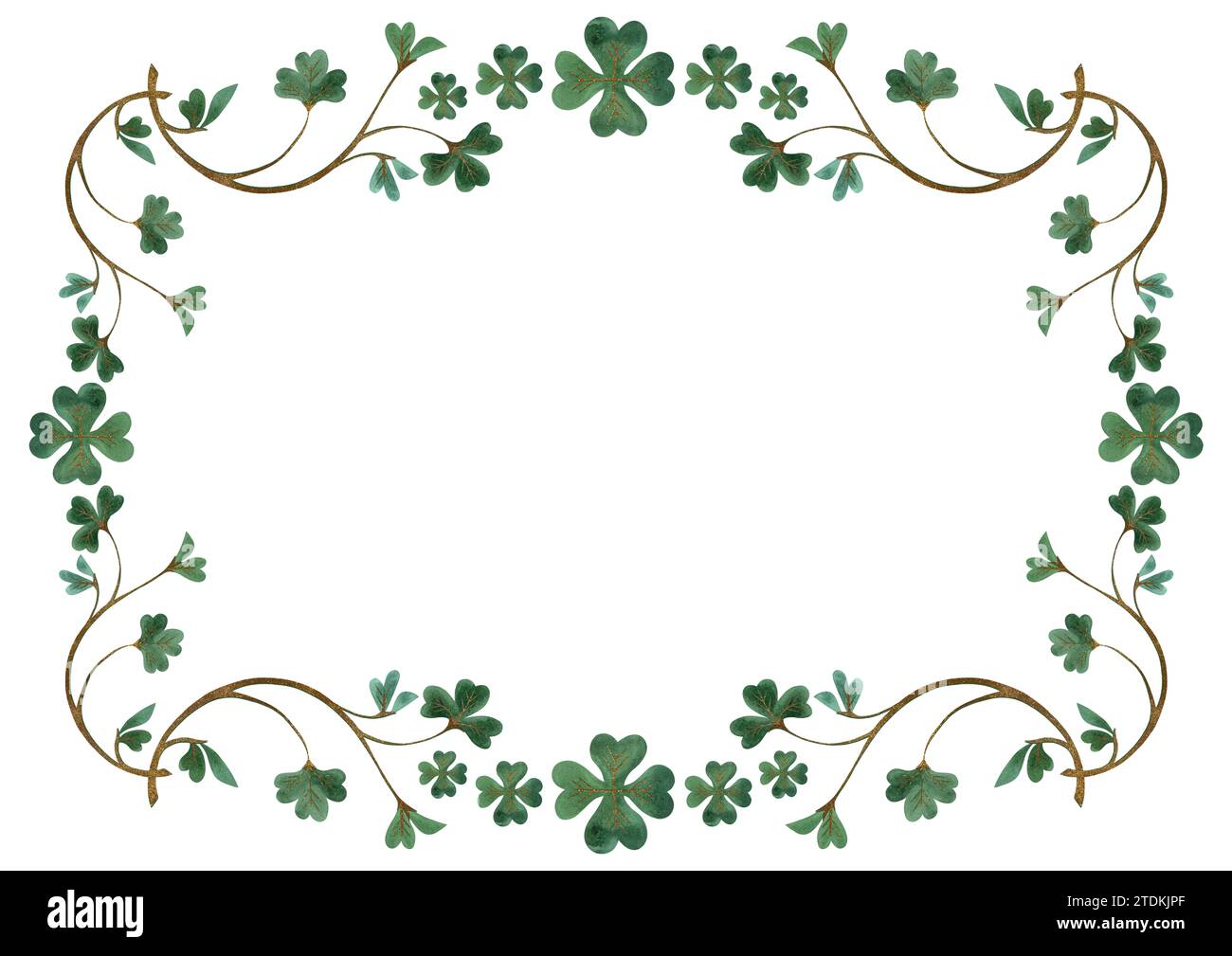 Rahmen aus Kleebrücken-Kleebrüsten. Dekoration für St.. Patrick's Day. Isolierte Aquarellillustration auf weißem Hintergrund. Clipart Stockfoto