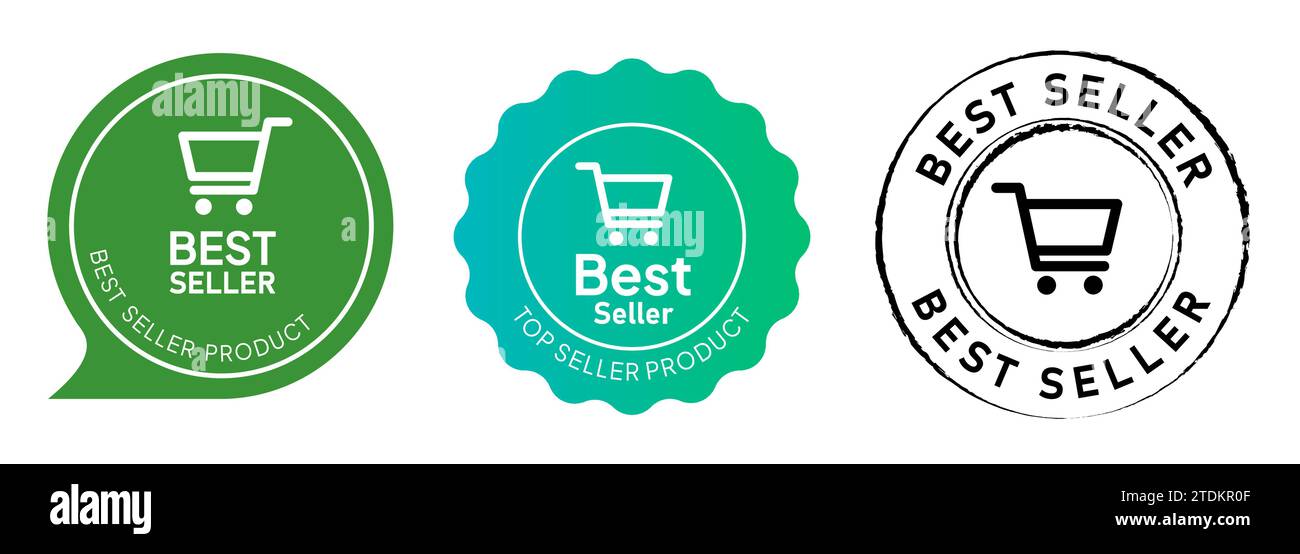 Bestseller grüner Farbverlauf Gummistempel Etikett Emblem Aufkleber Tag Symbol Warenkorb beliebtes Produkt Stock Vektor