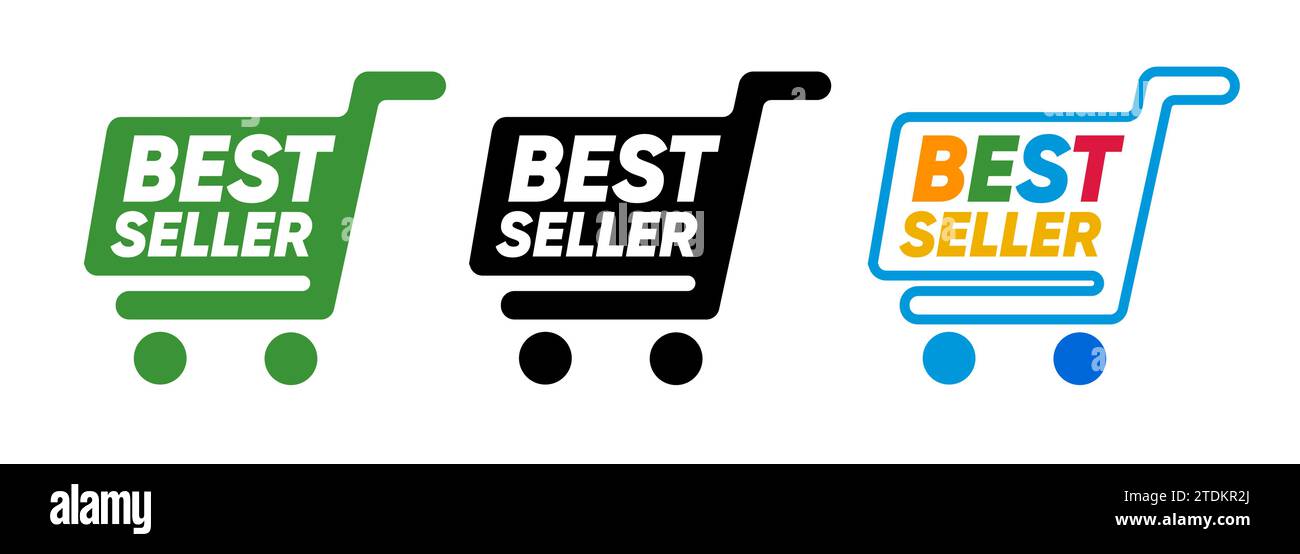 Bestseller Label Emblem Aufkleber Aufkleber grün schwarz weiß Symbol Warenkorb beliebtes Produkt Stock Vektor