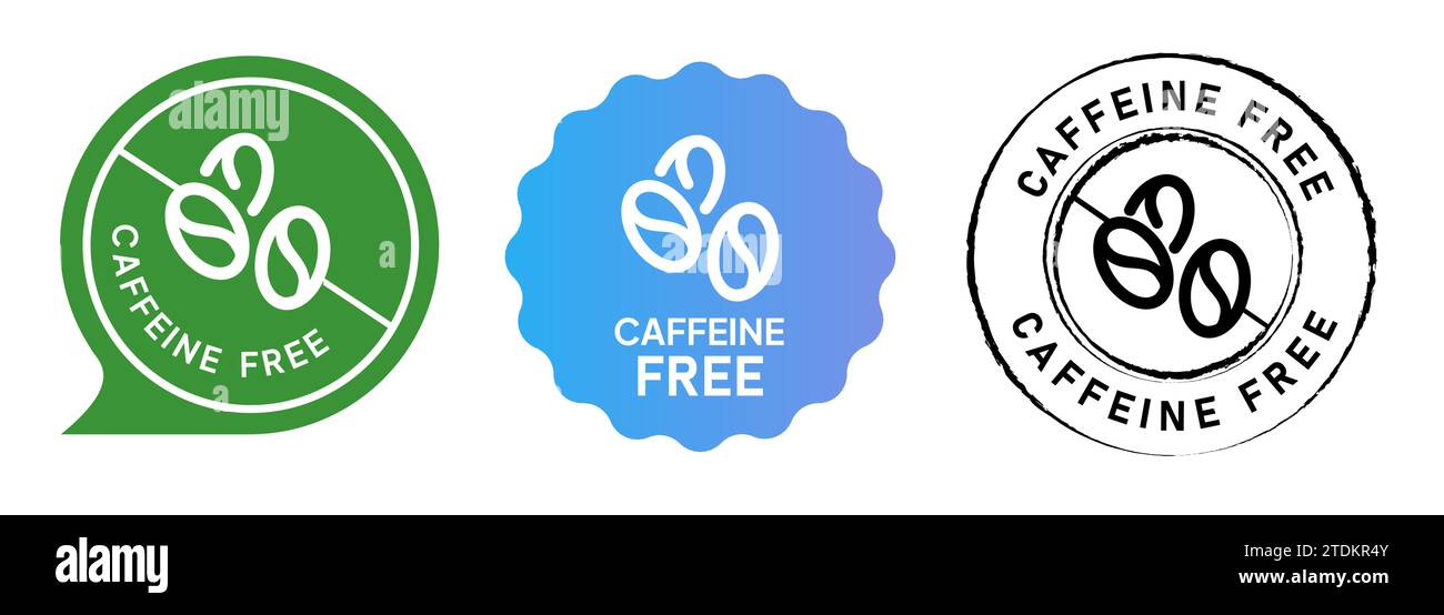 Koffeinfrei, kein Kaffee Emblem Tag Circle Set Label Gummistempel Kollektion in grün blau Farbverlauf und schwarz Stock Vektor