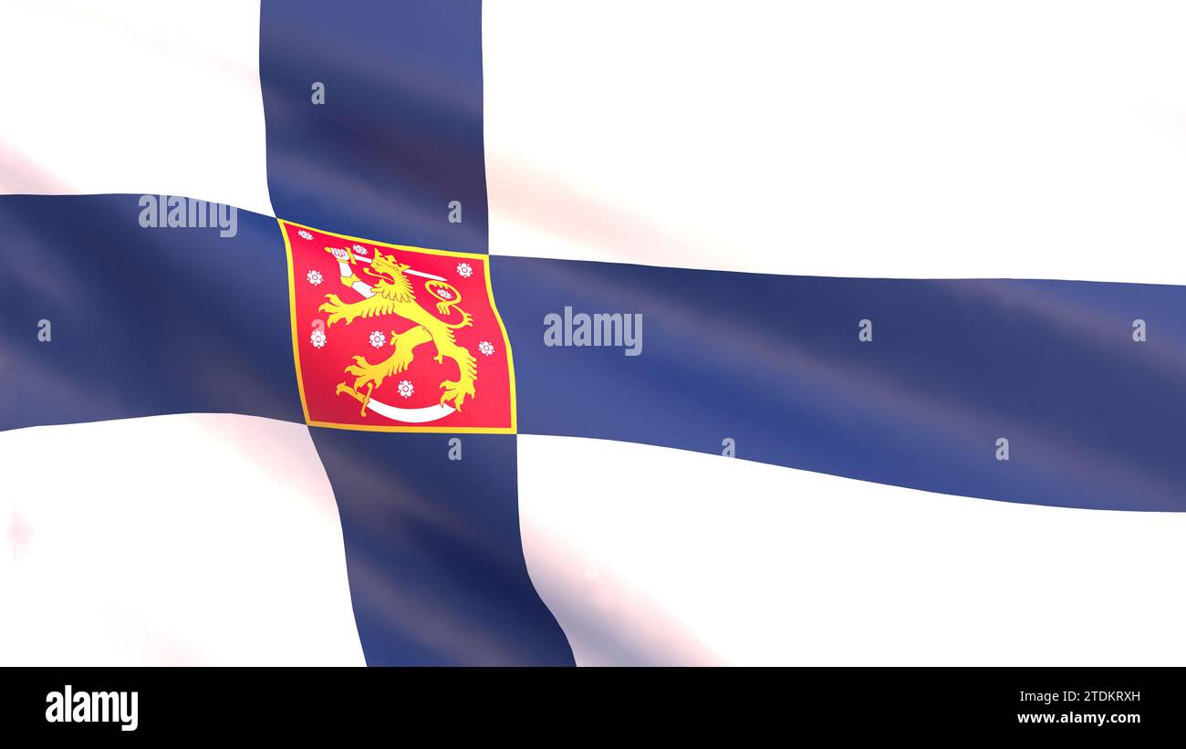 3D-Rendering - die finnische Nationalflagge flattert im Wind. Stockfoto