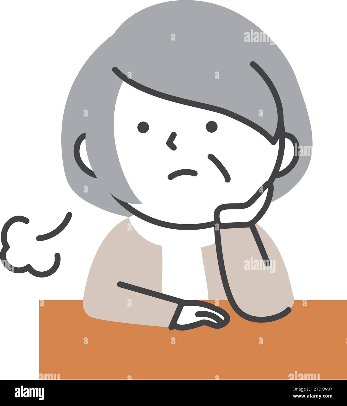 Eine ältere Frau, die ihr Kinn auf die Hand legt und seufzt. Eine einfache und süße Illustration im Zeichentrickstil. Stock Vektor