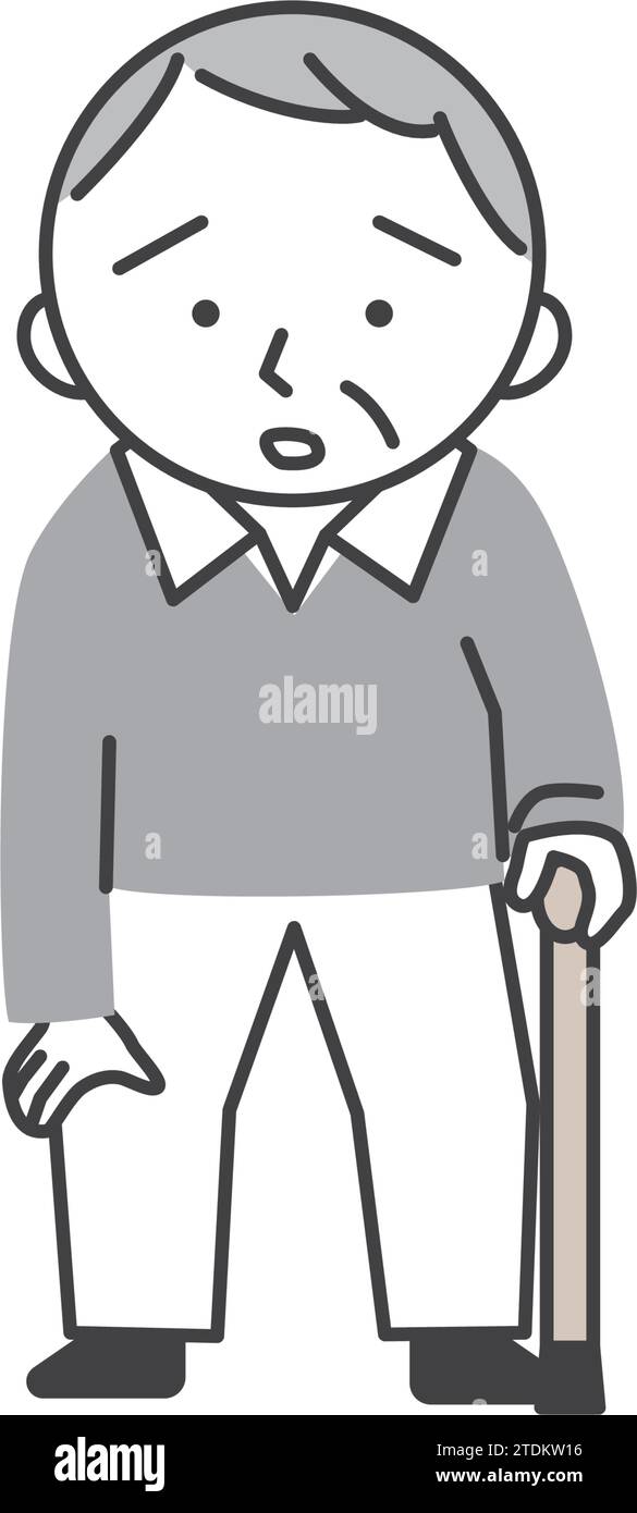 Illustration eines älteren Mannes, der mit einem Stock geht. Eine einfache und süße Illustration im Zeichentrickstil. Stock Vektor