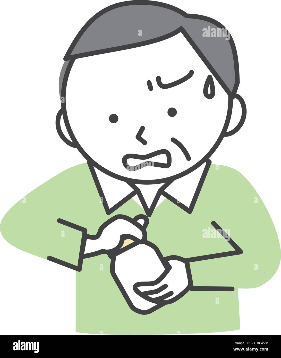 Senior man kann den Flaschenverschluss aufgrund der schwachen Grifffestigkeit nicht öffnen. Eine einfache und süße Illustration im Zeichentrickstil. Stock Vektor