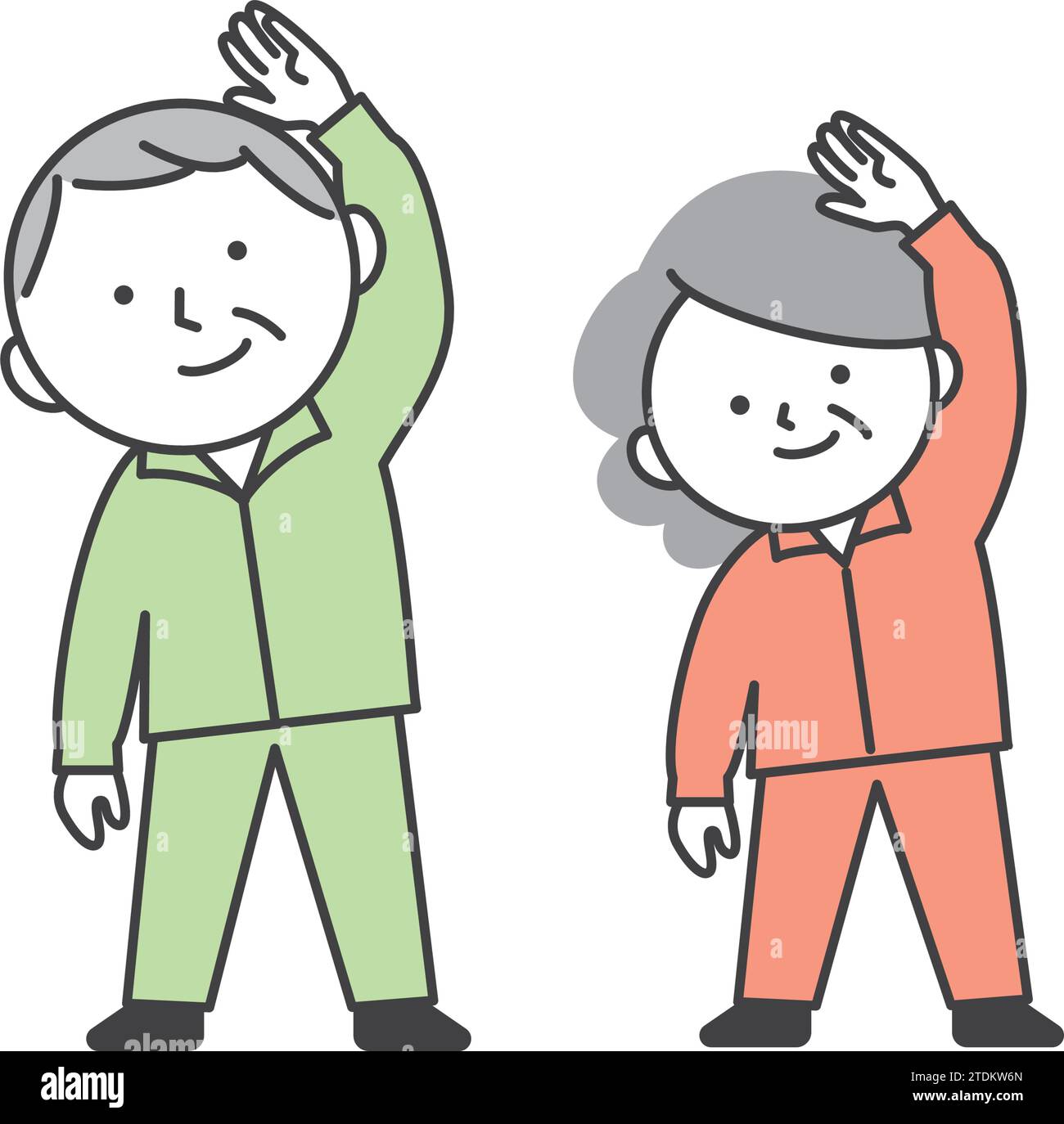 Ein Seniorpaar, das Trainingskleidung trägt und Gymnastik macht. Eine einfache und süße Illustration im Zeichentrickstil. Stock Vektor