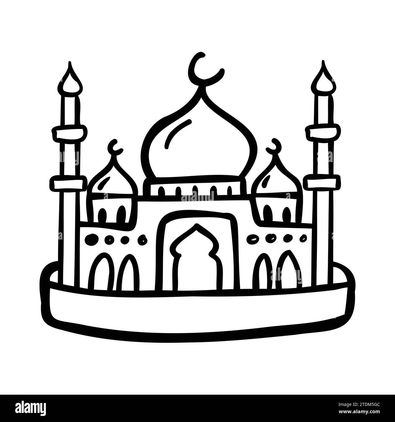 Doodle einer muslimischen Moschee, isoliert auf weißem Hintergrund. Einfache schwarze Konturvektorzeichnung. Skizze in Tinte. Stock Vektor