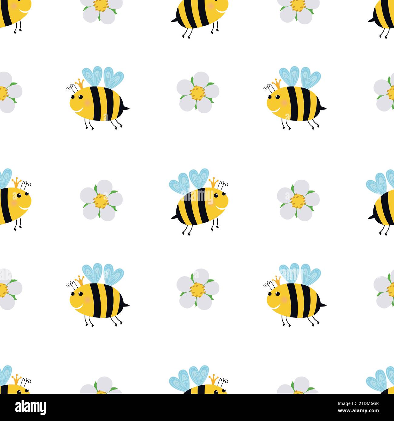 Nahtloses Muster von fliegenden Bienen und Blume auf weißem Hintergrund. Stock Vektor