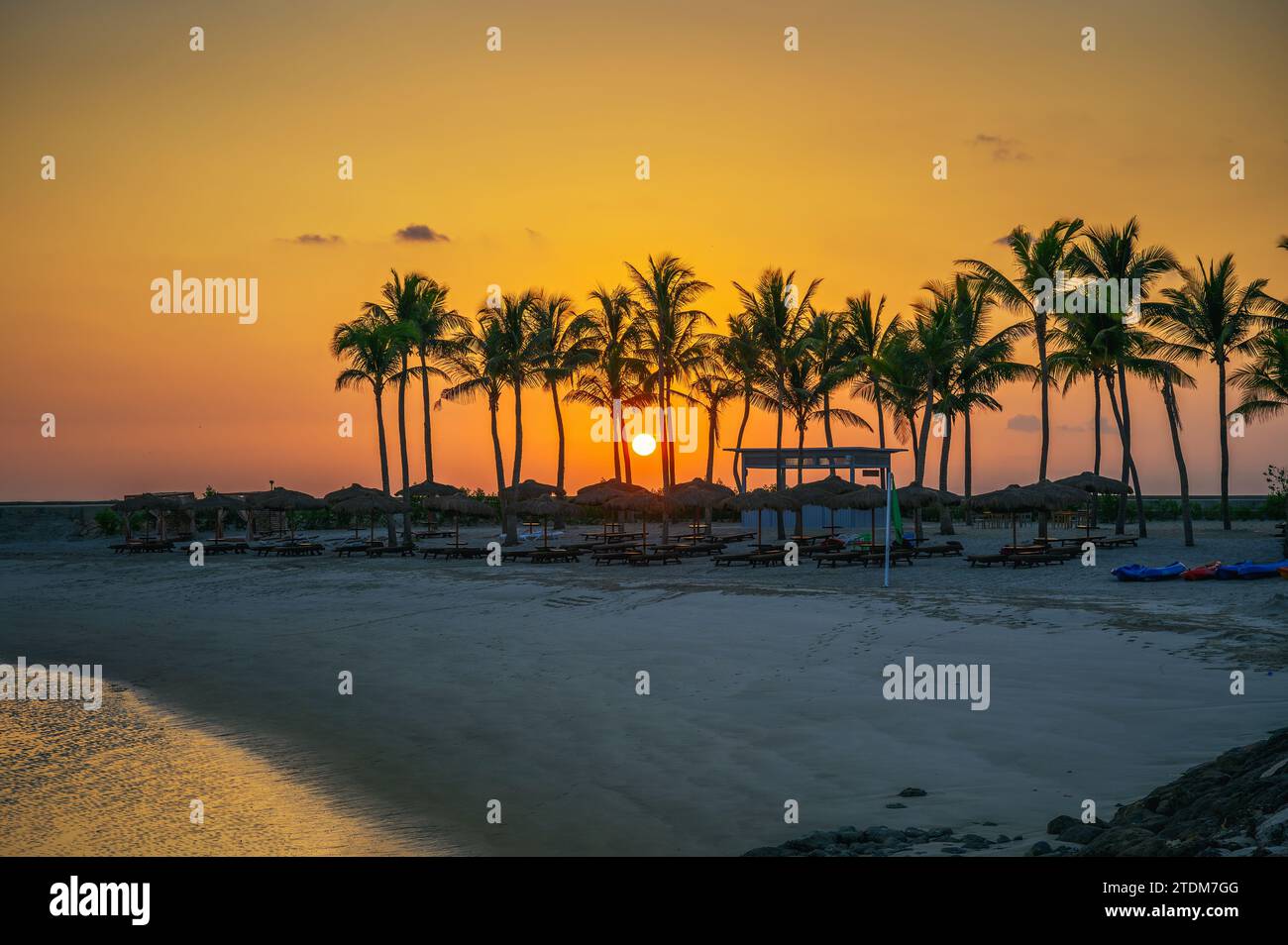 Sonnenuntergang am Hawana Beach in Salalah, Oman mit Palmen Stockfoto