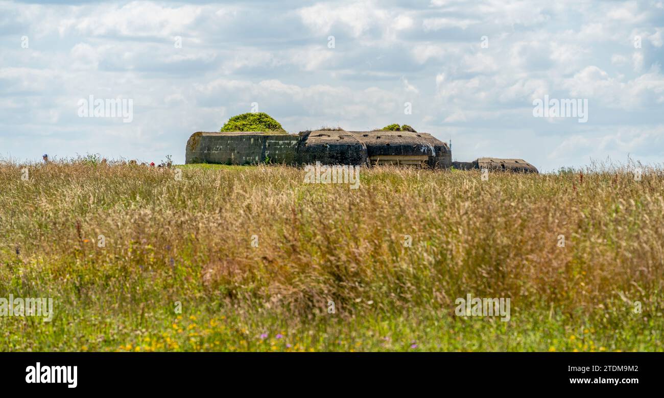 Landschaft an der Batterie Longues-sur-Mer in der Nähe von Longues-sur-Mer zwischen Gold Beach und Omaha Beach, zwei Gebiete der alliierten Invasion der deutsch besetzten P. Stockfoto