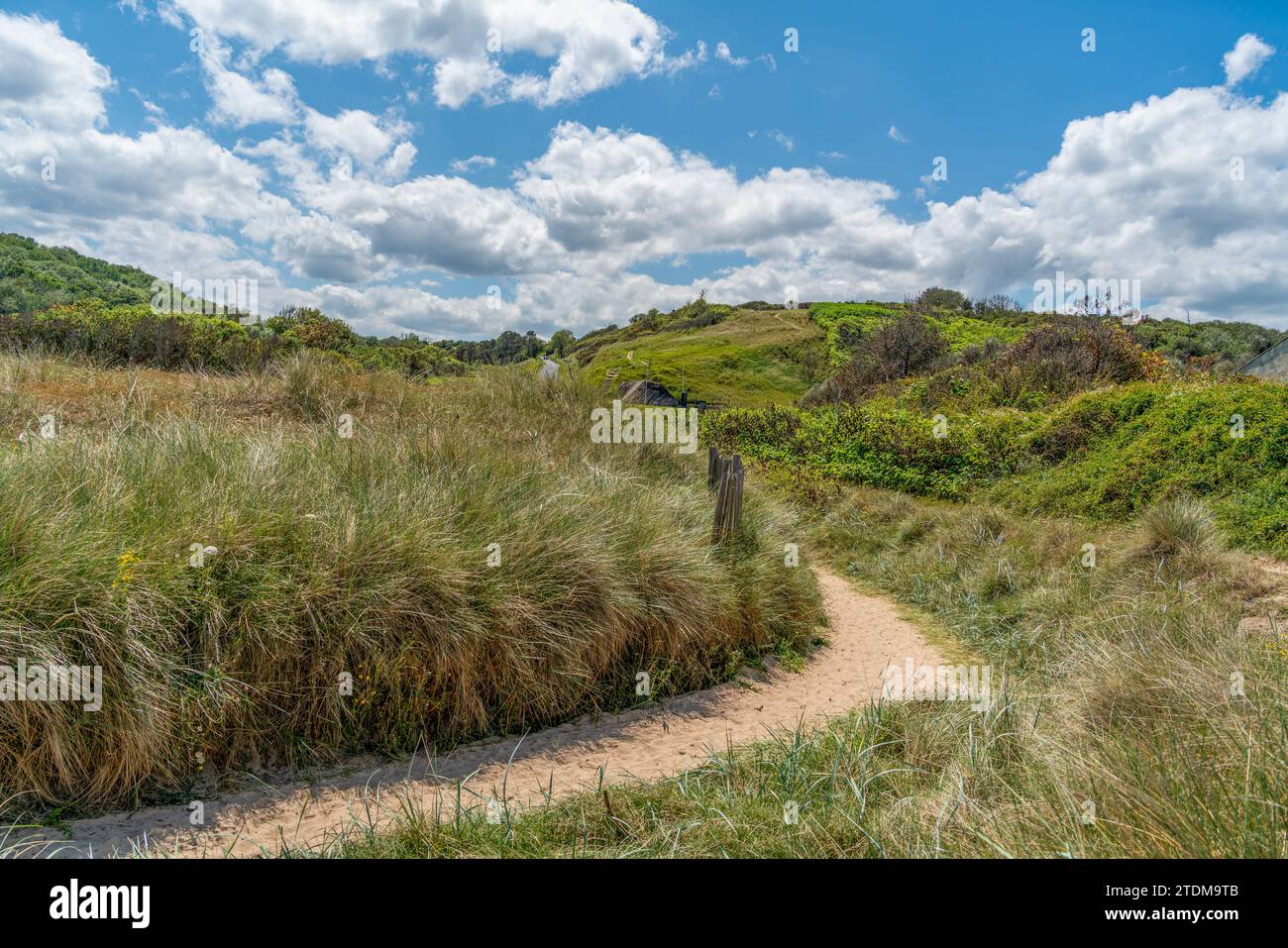Landschaft am Strand von Omaha, einer der fünf Gebiete der alliierten Invasion in das von Deutschland besetzte Frankreich bei der Landung der Normandie am 6. Juni 1944. Das ist es Stockfoto