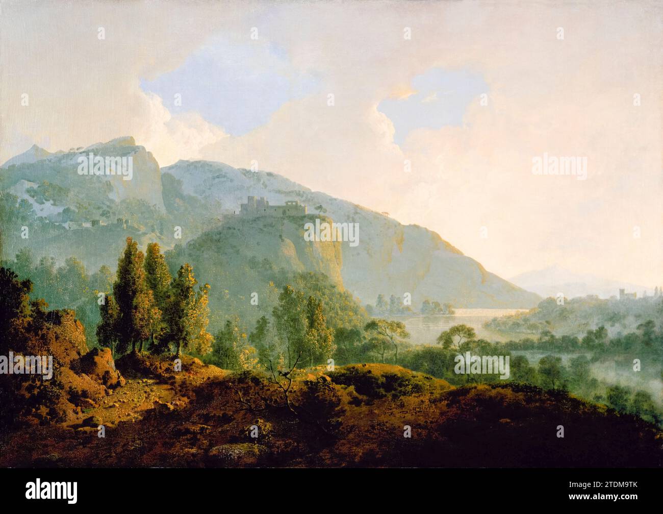 Joseph Wright of Derby, italienische Landschaft mit Bergen und Fluss, Ölgemälde auf Leinwand, um 1790 Stockfoto