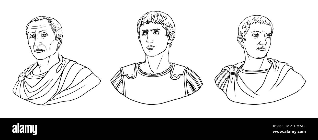 Büsten von Julius Cäsar, Augustus und Tiberius. Porträts römischer Kaiser. Stockfoto