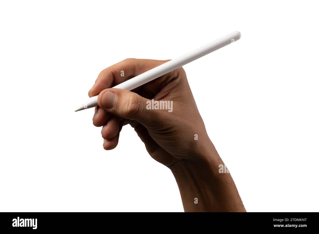 Schwarze männliche Hand mit intelligentem Bleistift, Schild, Signature-Konzept. Isoliert Stockfoto