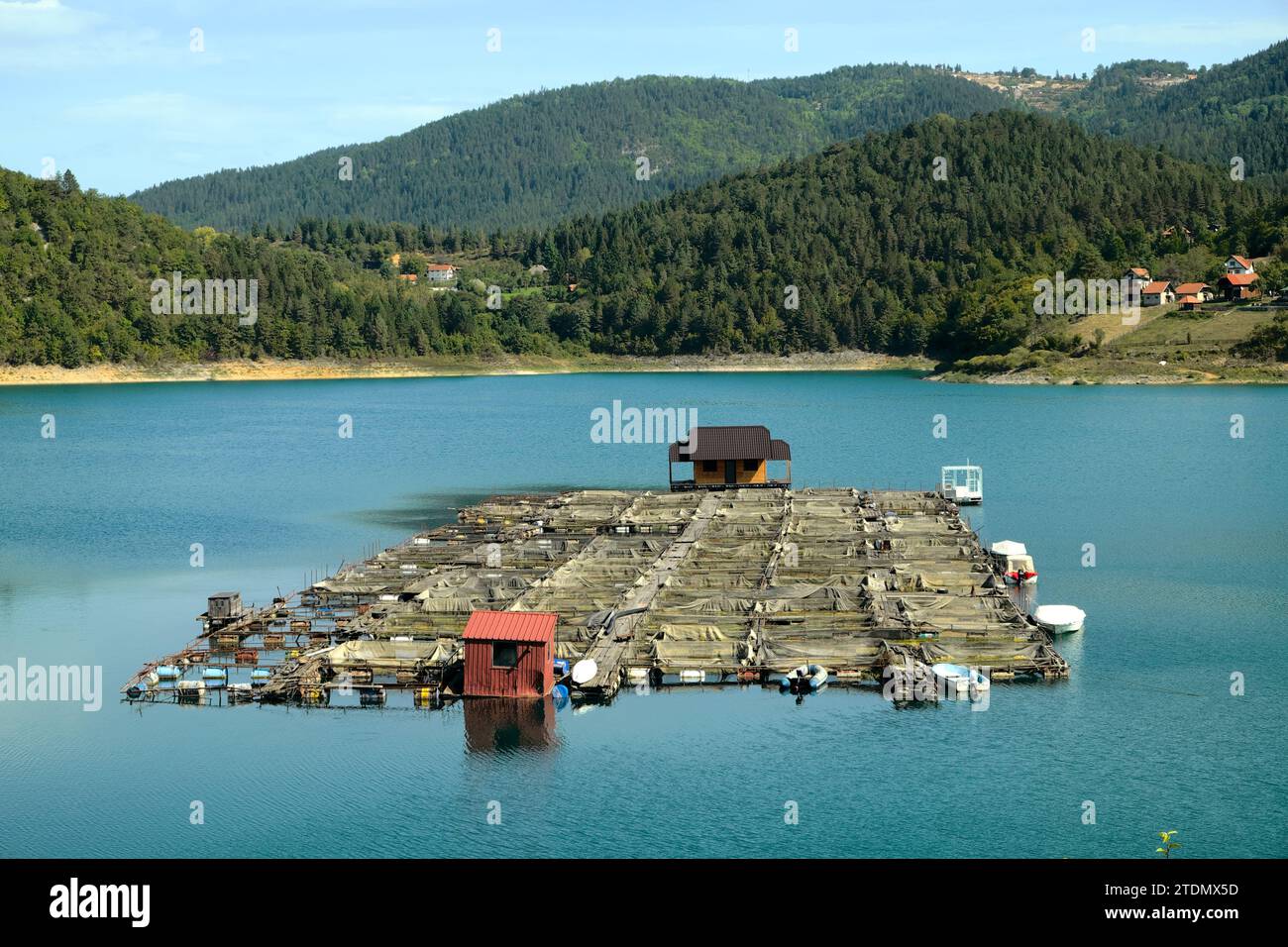 Fischzucht im Zaovine-See, Tara-Nationalpark, Serbien Stockfoto