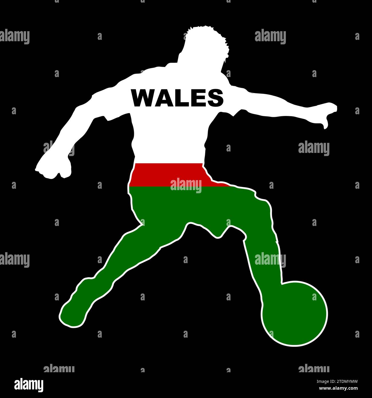 Silhouette eines walisischen Fußballers mit Nationalflaggenfarben auf schwarzem Hintergrund Stockfoto