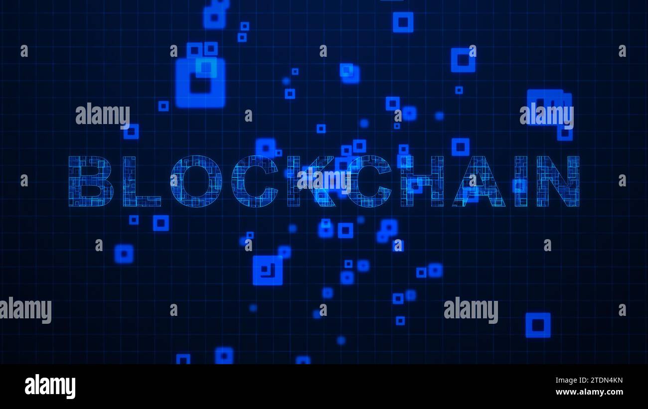 Blockchain-Texte Bewegungssimulation von Schaltlinien auf Gitterhintergrund Stockfoto
