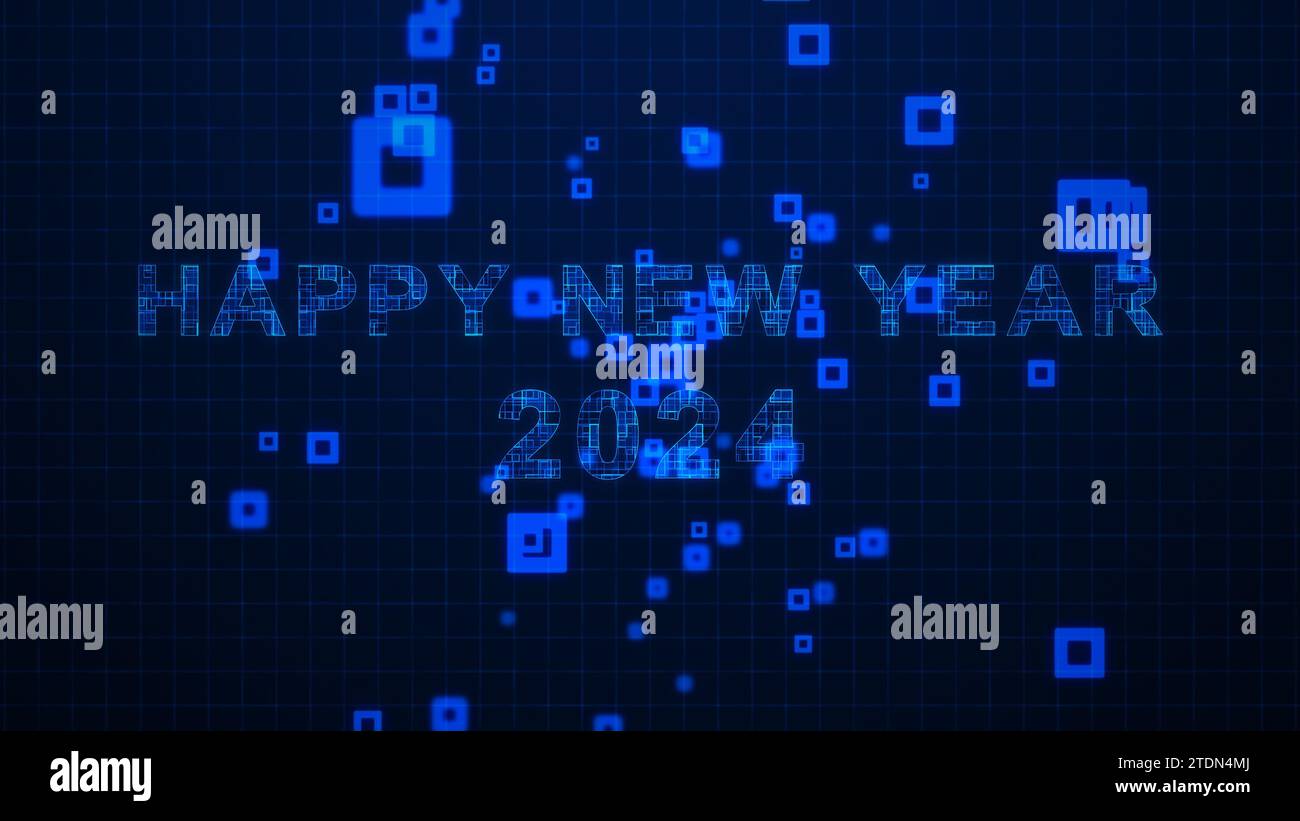 Happy New Year Dynamic Tech Texts Animation auf Grid Stockfoto