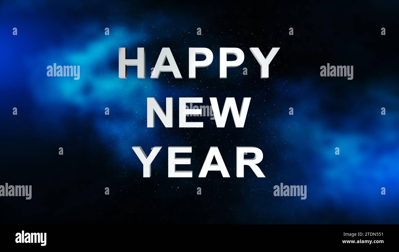 Happy New Year 2024 Text auf blauem Hintergrund Stockfoto