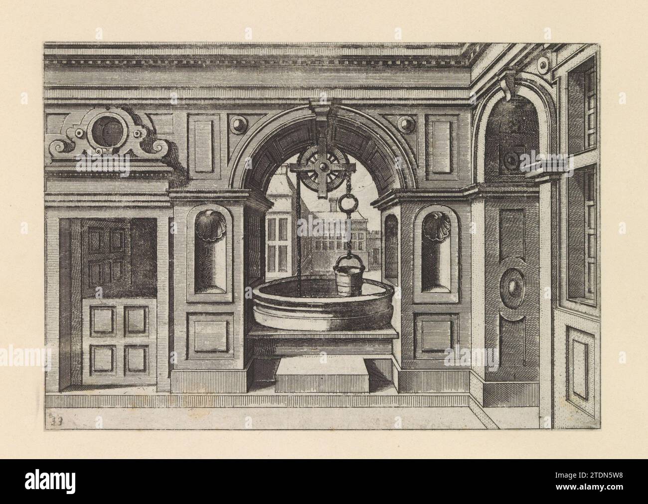 Wasserbrunnen in bogenförmiger Öffnung in einer Mauer, Johannes oder Lucas van Doetechum, nach Hans Vredeman de Vries, um 1574 Runder Brunnen in die Trennwand zwischen einem Innenhof und einem Platz eingebaut. Der Ausdruck ist Teil eines Albums. Antwerpener Papierätzung rund gut in die Trennwand zwischen einem Innenhof und einem Platz eingebaut. Der Ausdruck ist Teil eines Albums. Antwerpen Papierätzung Stockfoto