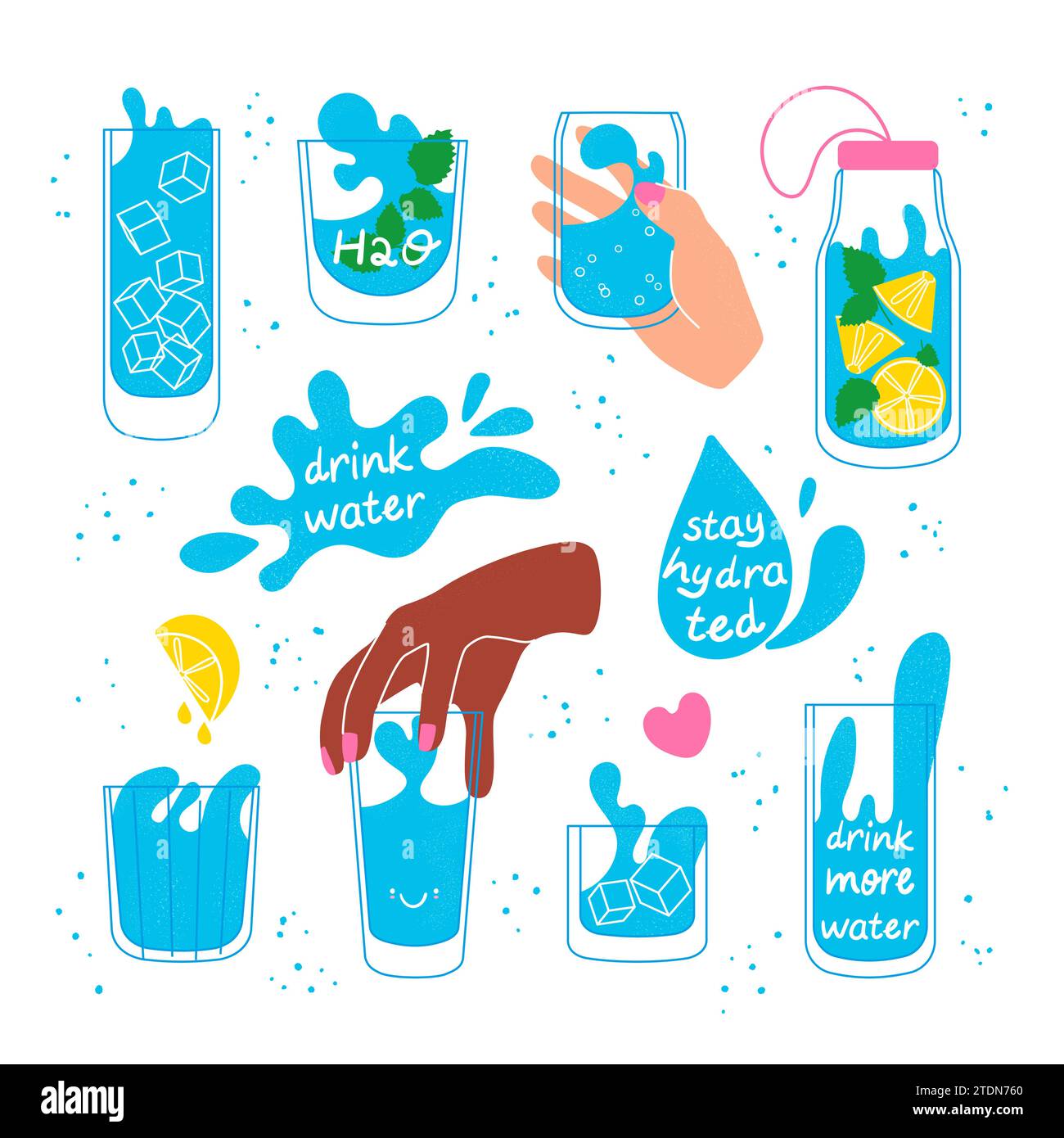Trinken Sie mehr Wasser Set Vektor Illustration isoliert auf weißem Hintergrund Stock Vektor