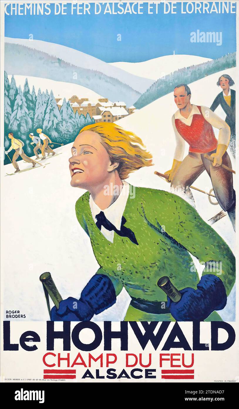 Roger Broders (1883-1953) französisches Reiseposter - LE HOHWALD, c 1930 - Wintersportposter - Skifahrer, die abwärts fahren Stockfoto