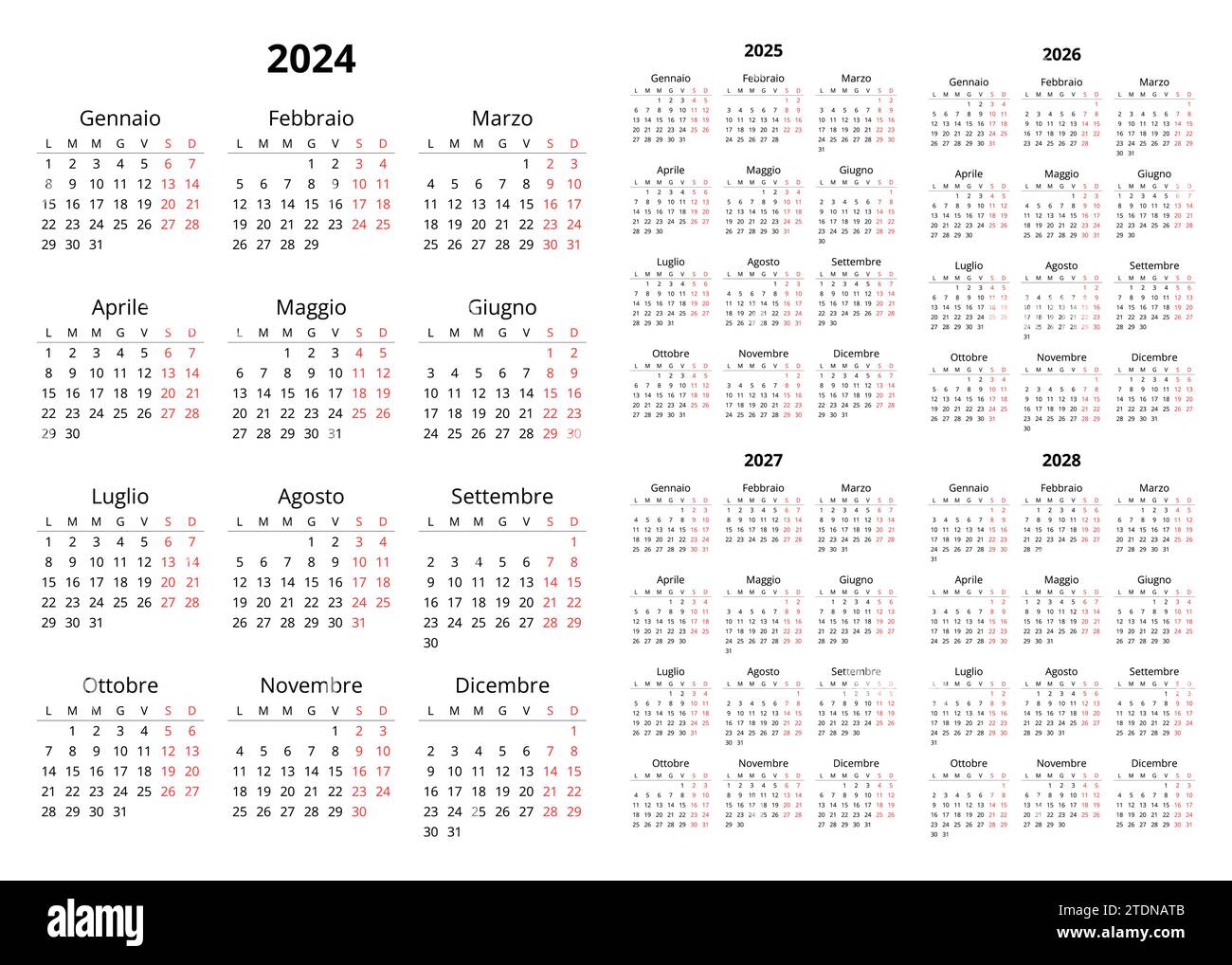 italienische Kalender 2024, 2025, 2026, 2027, 2028. Druckbarer Vektor