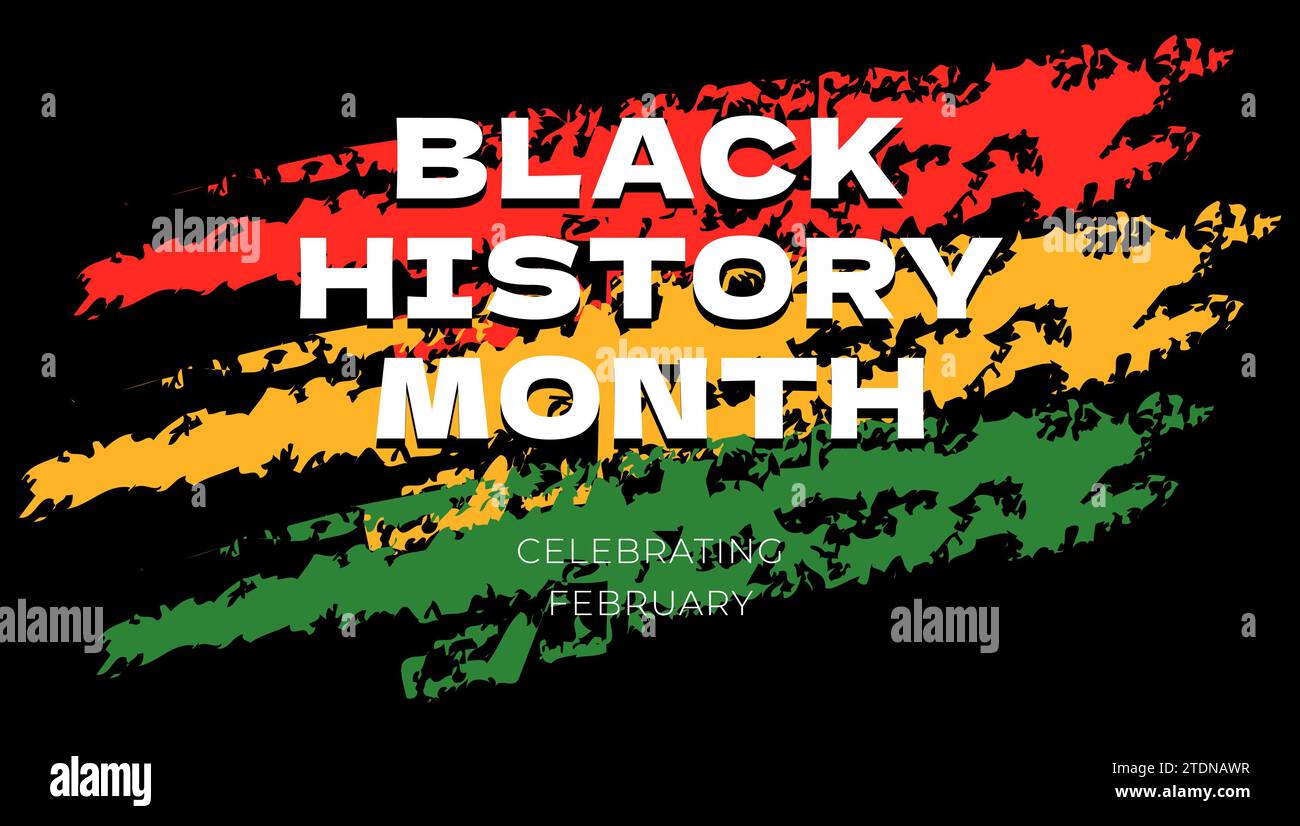 Abstraktes grafisches Banner für Black History Month. Afroamerikanische Rechte und Kultur feiern. Moderne, kreative Grußkarte. Inschrift auf grunge rot gelb grün Farben afro Flagge Vektor Hintergrund Stock Vektor