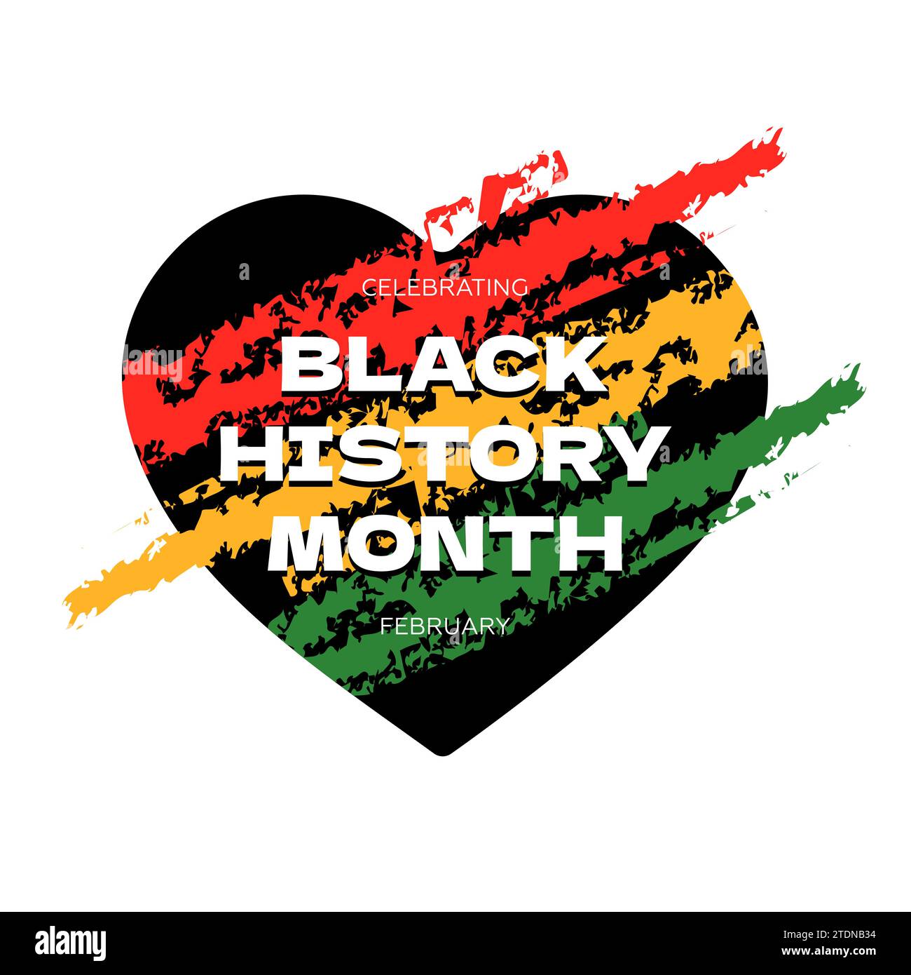 Abstraktes quadratisches Banner für den Monat der schwarzen Geschichte. Afroamerikanische Rechte und Kultur feiern Februar. Isoliertes Herz in grunge rot-gelb-grünen Flaggenfarben. Afrika- und Afro-Grußkarte. Eps Stock Vektor