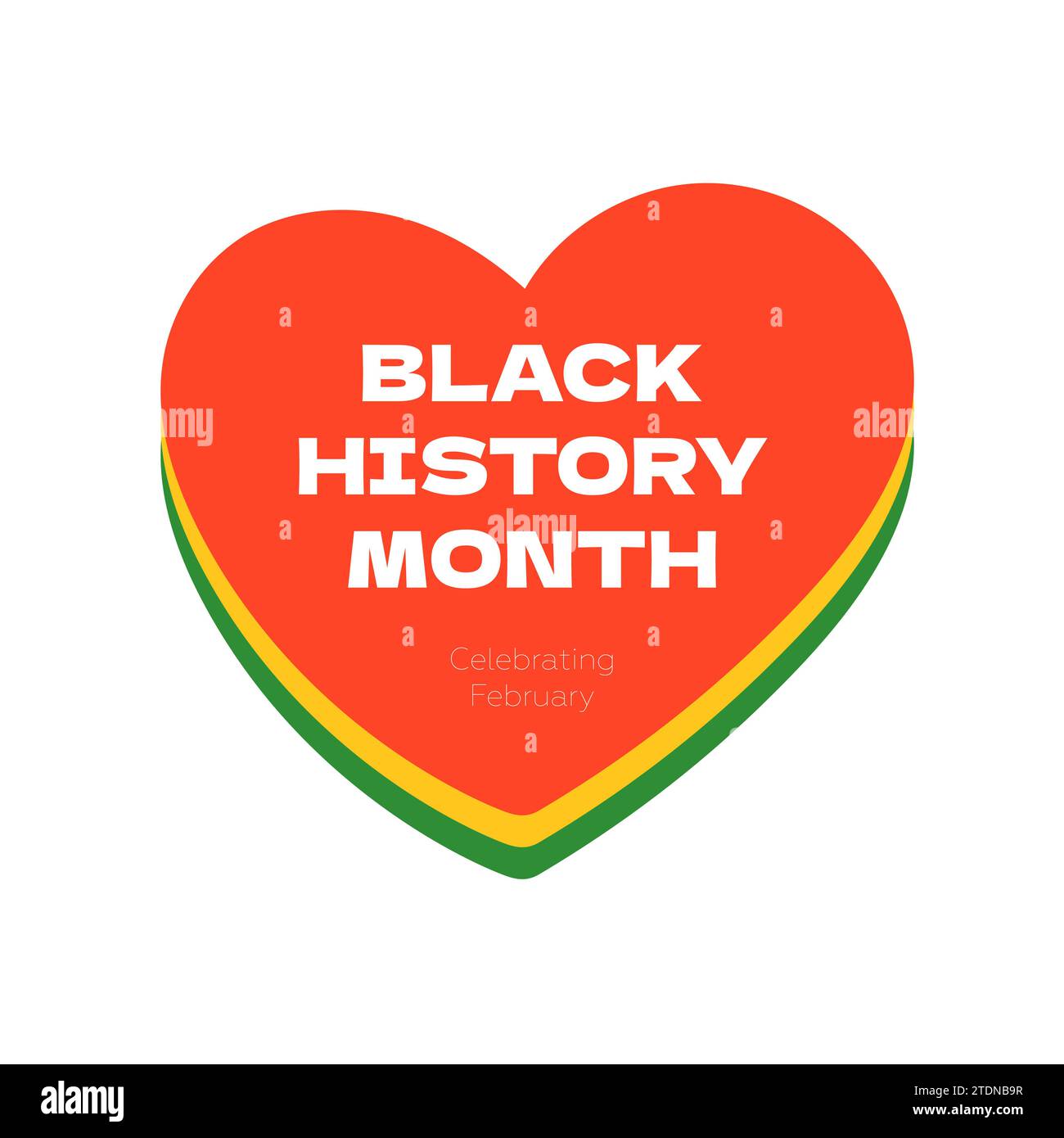 Quadratisches grafisches Banner für den Monat der schwarzen Geschichte. Afroamerikanische Rechte und Kultur feiern. Isoliertes Zeichenherz in rot-gelb-grünen Flaggenfarben. Afrika und Afro Grußkarte Vektor EPS Design Stock Vektor