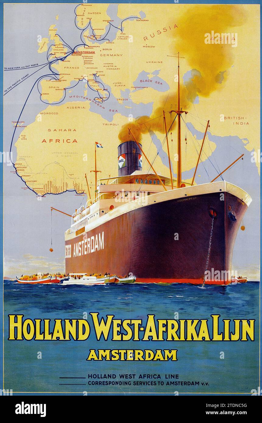 1926 Holland West-Afrika Lijn mit einem Dampfschiff - Vintage-Reiseposter - Amsterdam, Holland West Africa Line, Kreuzer, Linienschiff Stockfoto