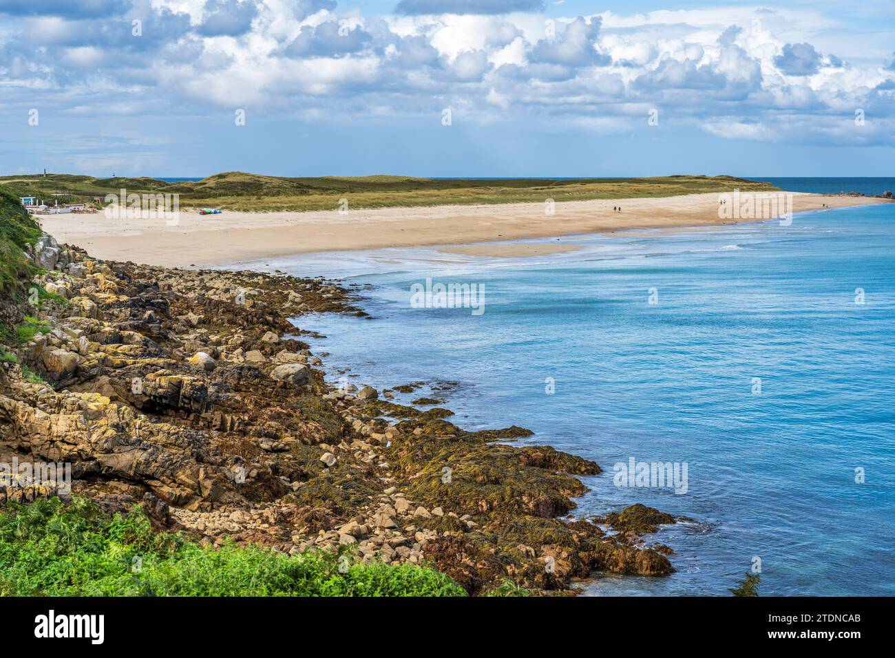 Blick auf den goldenen Sand von Shell Beach vom Küstenpfad an der Ostküste von Herm, Bailiwick von Guernsey, Kanalinseln Stockfoto