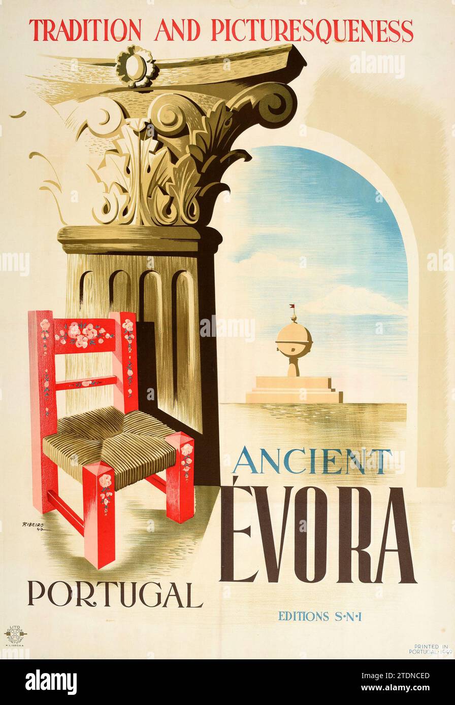 Vintage-Reiseplakat - das antike Evora, Portugal Tradition und Bildnisse 1949 Stockfoto