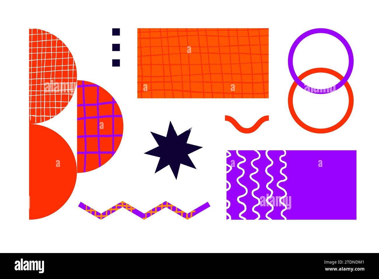 Brutalistische Poster mit abstrakten geometrischen Formen und naiven Rastern. Brutale zeitgenössische Figur Stern ovale Spiralwelle und andere primitive Elemente an Stock Vektor