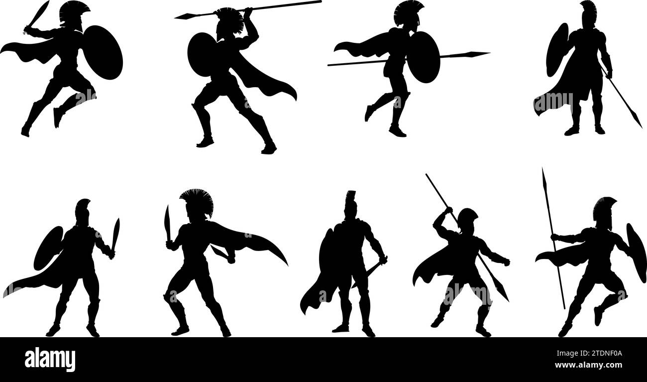Spartan Silhouette Gladiator Trojan Warrior Set Stock Vektor